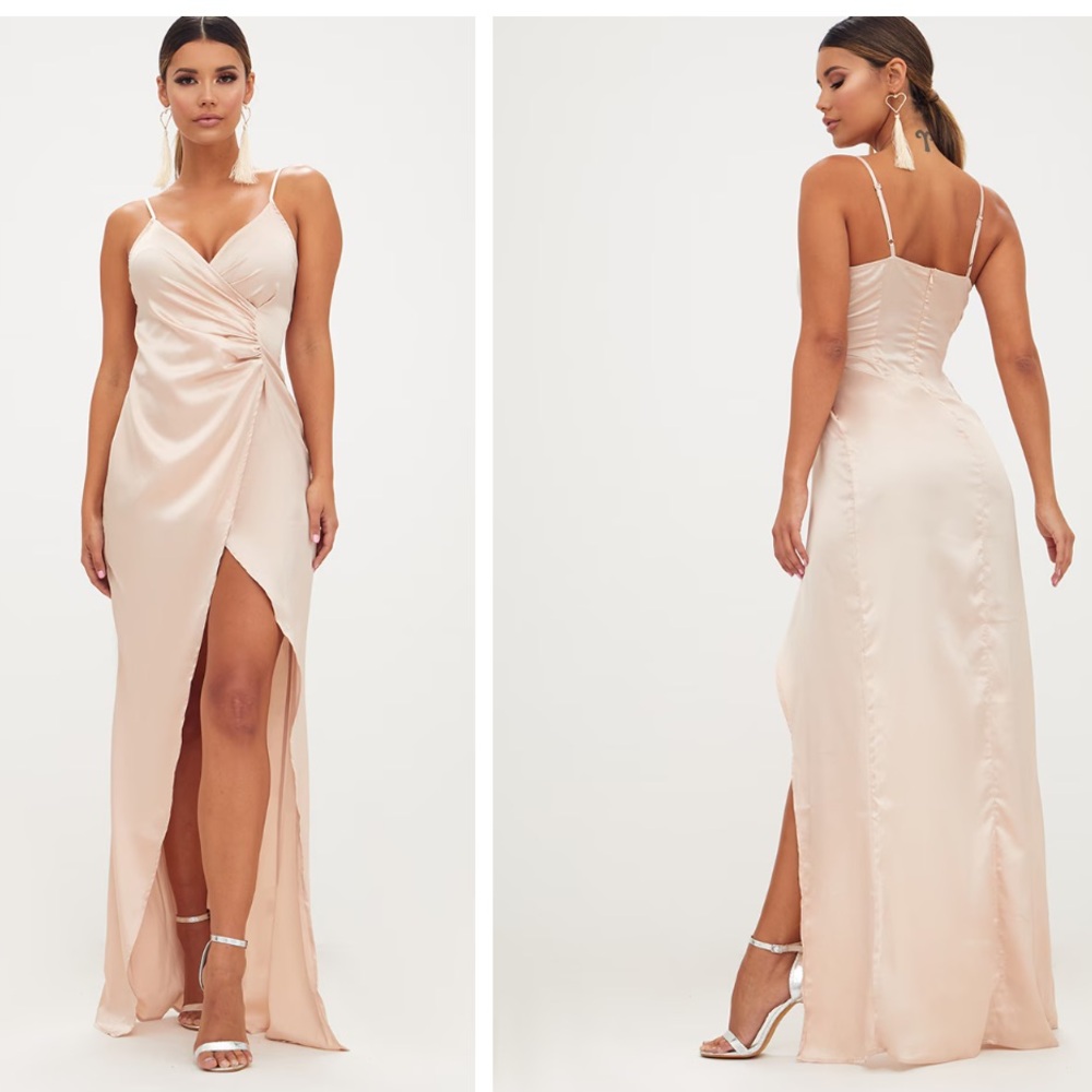 BNWT Pretty Little Thing Champagne Satin Strappy Wrap Detail Maxi